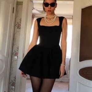 Zara Squareneck Pleated Mini Dress Black